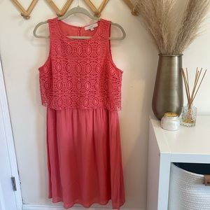 Coral tiered sundress with lace, size 12 from the LOFT.